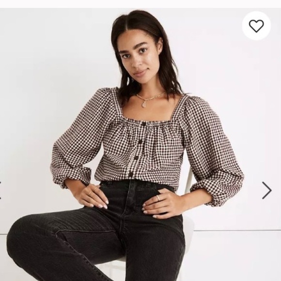 Madewell Puff Sleeve Button Front Crop Top in brown gingham - Picture 2 of 10